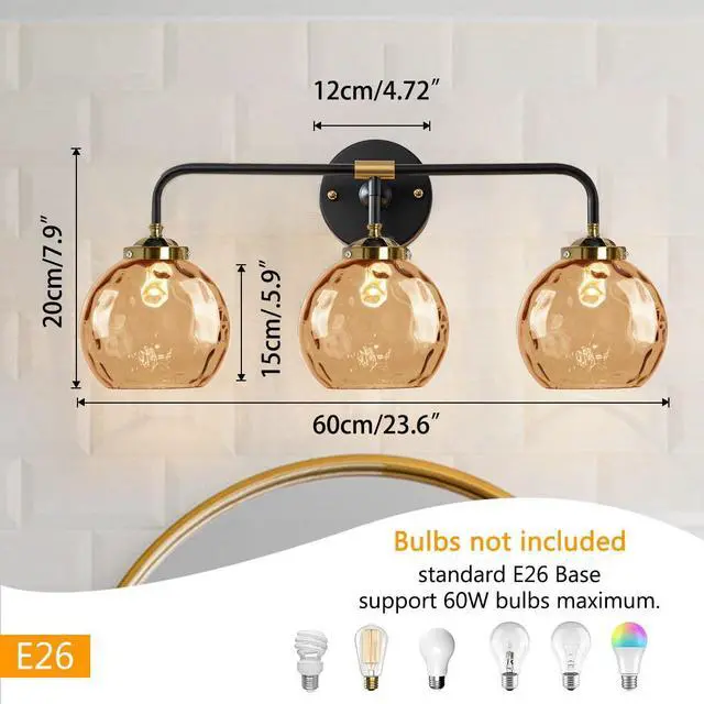Alt view image 2 of 7 - Vintage Bathroom Light Fixtures 3-Lights Vintage Vanity Wall Lights Over Mirror Gold Black Wall Sconces Light with Amber Globe Glass Shade Hardwired Vanity Lamp Bedroom Living Room