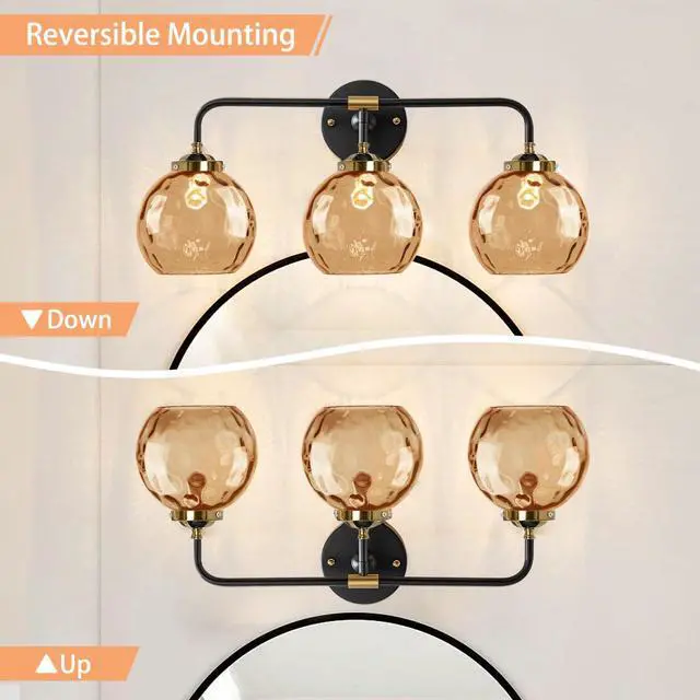 Alt view image 3 of 7 - Vintage Bathroom Light Fixtures 3-Lights Vintage Vanity Wall Lights Over Mirror Gold Black Wall Sconces Light with Amber Globe Glass Shade Hardwired Vanity Lamp Bedroom Living Room