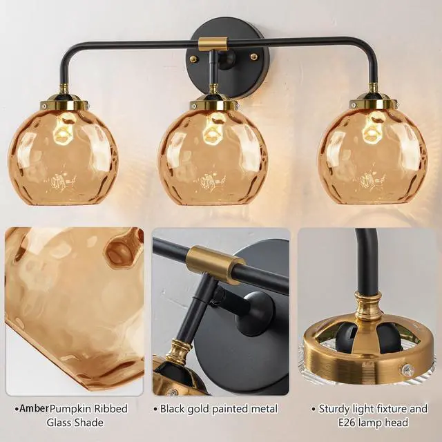 Alt view image 4 of 7 - Vintage Bathroom Light Fixtures 3-Lights Vintage Vanity Wall Lights Over Mirror Gold Black Wall Sconces Light with Amber Globe Glass Shade Hardwired Vanity Lamp Bedroom Living Room