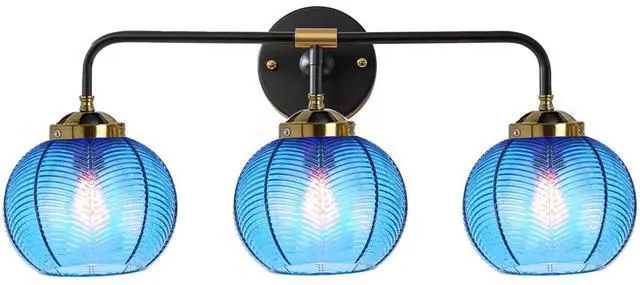 Main image of Vanity Lights for Bathroom,Mid Century Vanity Light Black Sconce Blue Bathroom Light Fixture Over Mirror Ribbed Glass Globe Shade Art Deco Vanity Lights Modern Wall Sconce 3-Lights