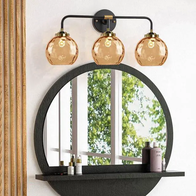 Alt view image 6 of 7 - Vintage Bathroom Light Fixtures 3-Lights Vintage Vanity Wall Lights Over Mirror Gold Black Wall Sconces Light with Amber Globe Glass Shade Hardwired Vanity Lamp Bedroom Living Room
