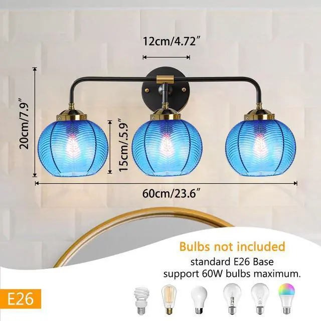 Alt view image 2 of 7 - Vanity Lights for Bathroom,Mid Century Vanity Light Black Sconce Blue Bathroom Light Fixture Over Mirror Ribbed Glass Globe Shade Art Deco Vanity Lights Modern Wall Sconce 3-Lights
