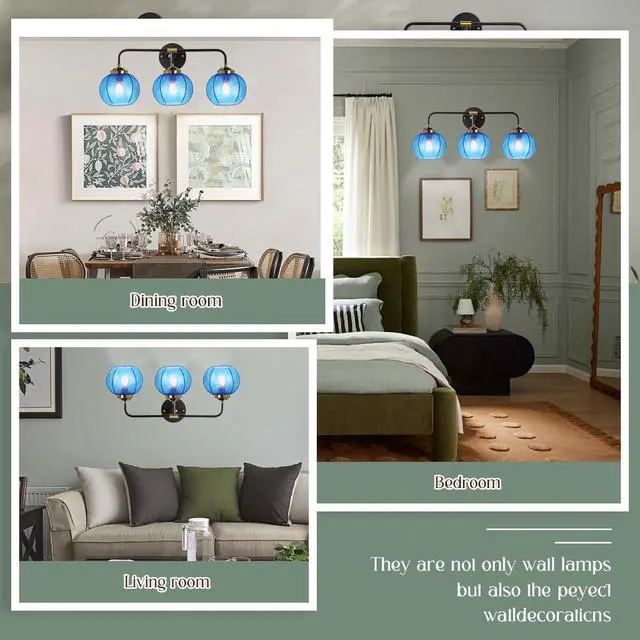 Alt view image 4 of 7 - Vanity Lights for Bathroom,Mid Century Vanity Light Black Sconce Blue Bathroom Light Fixture Over Mirror Ribbed Glass Globe Shade Art Deco Vanity Lights Modern Wall Sconce 3-Lights