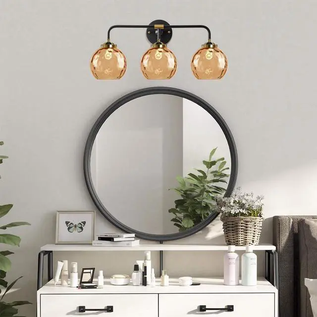Alt view image 5 of 7 - Vintage Bathroom Light Fixtures 3-Lights Vintage Vanity Wall Lights Over Mirror Gold Black Wall Sconces Light with Amber Globe Glass Shade Hardwired Vanity Lamp Bedroom Living Room