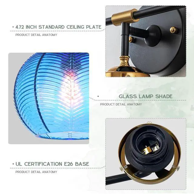 Alt view image 3 of 7 - Vanity Lights for Bathroom,Mid Century Vanity Light Black Sconce Blue Bathroom Light Fixture Over Mirror Ribbed Glass Globe Shade Art Deco Vanity Lights Modern Wall Sconce 3-Lights
