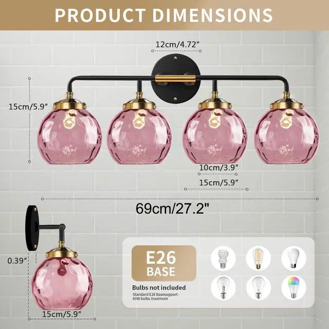 Alt view image 2 of 7 - Pink Bathroom Light Fixtures 4-Lights Modern Vanity Light with Unique Globe Glass Shade Matte Black and Gold Bathroom Vanity Wall Sconce for Over Mirror Hallway Cabinet Living Room