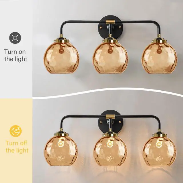 Alt view image 7 of 7 - Vintage Bathroom Light Fixtures 3-Lights Vintage Vanity Wall Lights Over Mirror Gold Black Wall Sconces Light with Amber Globe Glass Shade Hardwired Vanity Lamp Bedroom Living Room