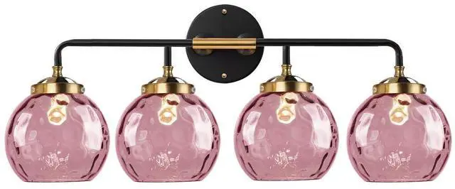 Main image of Pink Bathroom Light Fixtures 4-Lights Modern Vanity Light with Unique Globe Glass Shade Matte Black and Gold Bathroom Vanity Wall Sconce for Over Mirror Hallway Cabinet Living Room