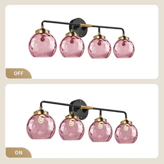 Alt view image 3 of 7 - Pink Bathroom Light Fixtures 4-Lights Modern Vanity Light with Unique Globe Glass Shade Matte Black and Gold Bathroom Vanity Wall Sconce for Over Mirror Hallway Cabinet Living Room