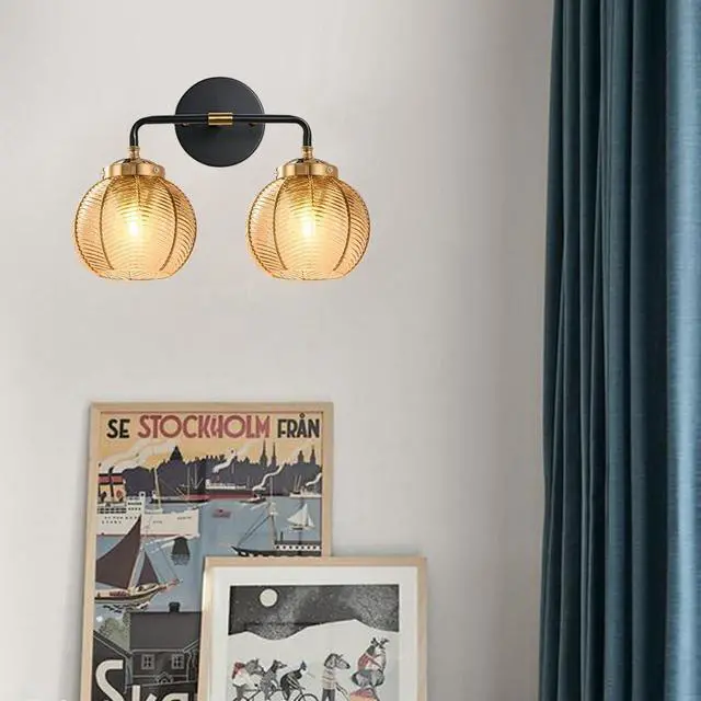 Alt view image 7 of 7 - Mid Century Light Fixture Bathroom Wall Sconce 2-Lights with Amber Ribbed Glass Shade Globe Wall Mount Light Modern Vanity Lights for Over Mirror Bedroom Hallway Overhead