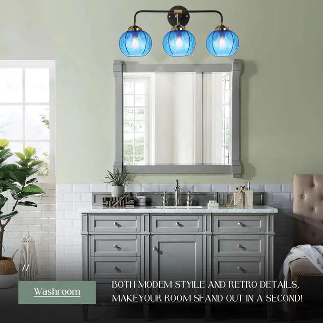 Alt view image 6 of 7 - Vanity Lights for Bathroom,Mid Century Vanity Light Black Sconce Blue Bathroom Light Fixture Over Mirror Ribbed Glass Globe Shade Art Deco Vanity Lights Modern Wall Sconce 3-Lights