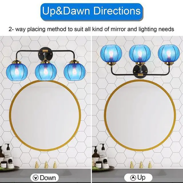 Alt view image 5 of 7 - Vanity Lights for Bathroom,Mid Century Vanity Light Black Sconce Blue Bathroom Light Fixture Over Mirror Ribbed Glass Globe Shade Art Deco Vanity Lights Modern Wall Sconce 3-Lights
