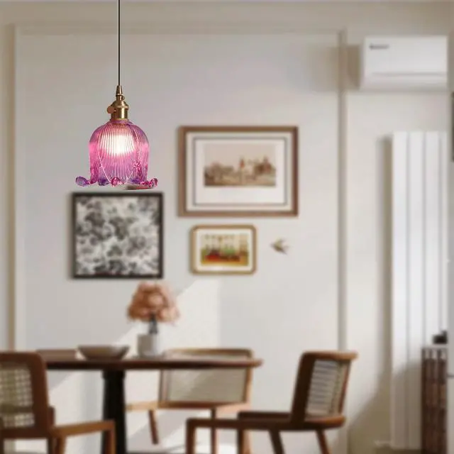 Alt view image 5 of 7 - Gold Modern Pendant Light Mid Century Glass Hanging Lights with Flower Purple Glass Shade 1-Light Vintage Brass Pendant Lighting for Kitchen Island Bedroom Living Dining Room