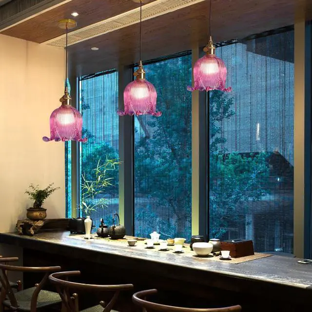 Alt view image 6 of 7 - Gold Modern Pendant Light Mid Century Glass Hanging Lights with Flower Purple Glass Shade 1-Light Vintage Brass Pendant Lighting for Kitchen Island Bedroom Living Dining Room