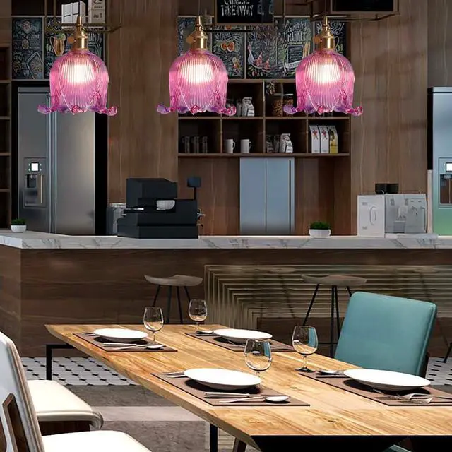 Alt view image 7 of 7 - Gold Modern Pendant Light Mid Century Glass Hanging Lights with Flower Purple Glass Shade 1-Light Vintage Brass Pendant Lighting for Kitchen Island Bedroom Living Dining Room