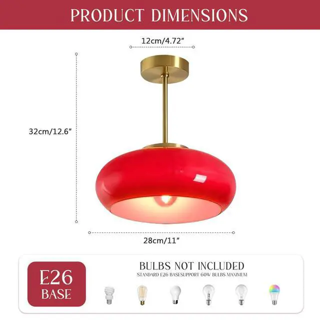 Alt view image 2 of 7 - Hallway Ceiling Light Fixtures Glass Semi Flush Mount Ceiling Light with Red Dome Shade, Mid Century Modern Semi Flush Mount Lamp for Bedroom Dining Room Gold Brass Lights Fixture