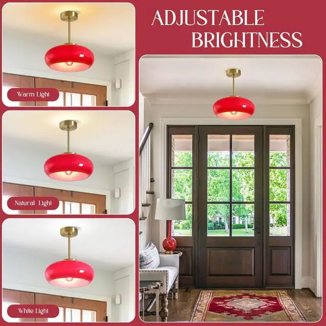 Alt view image 4 of 7 - Hallway Ceiling Light Fixtures Glass Semi Flush Mount Ceiling Light with Red Dome Shade, Mid Century Modern Semi Flush Mount Lamp for Bedroom Dining Room Gold Brass Lights Fixture