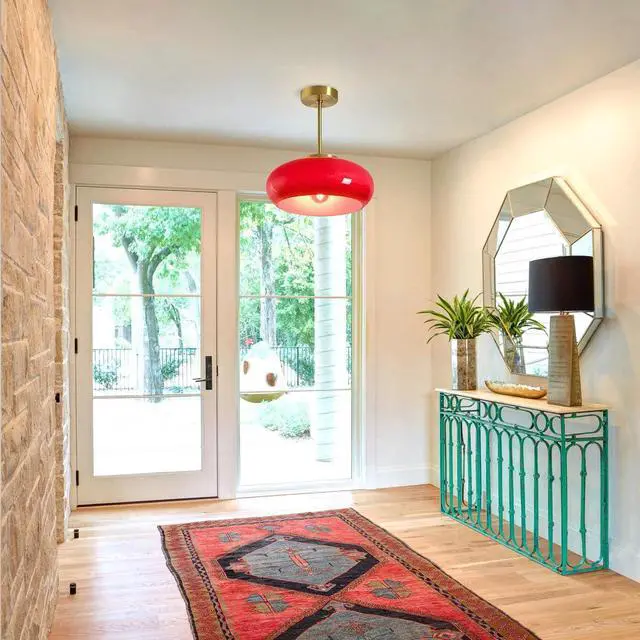 Alt view image 4 of 7 - Glass Semi Flush Mount Ceiling Light Red Light Fixture Brushed Gold Close to Ceiling Light Fixtures Round Dome Glass Shade, Vintage Semi Flush Mount Lamp for Hallway Entry Stairway
