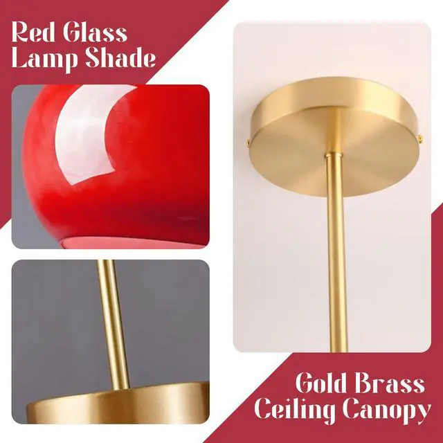 Alt view image 3 of 7 - Hallway Ceiling Light Fixtures Glass Semi Flush Mount Ceiling Light with Red Dome Shade, Mid Century Modern Semi Flush Mount Lamp for Bedroom Dining Room Gold Brass Lights Fixture