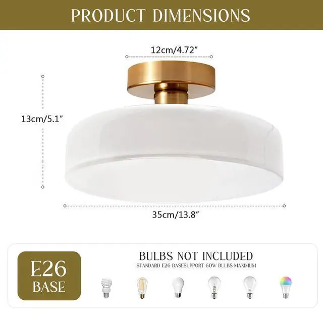 Alt view image 2 of 7 - Mid Century Modern Ceiling Light 13.8" Brushed Brass White Milk Glass Shade 1-Light Gold Flush Mount Ceiling Lights Vintage Close to Lights for Hallway Bedroom Kitchen Sink Living Room