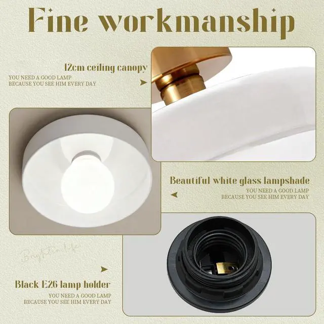 Alt view image 3 of 7 - Mid Century Modern Ceiling Light 13.8" Brushed Brass White Milk Glass Shade 1-Light Gold Flush Mount Ceiling Lights Vintage Close to Lights for Hallway Bedroom Kitchen Sink Living Room