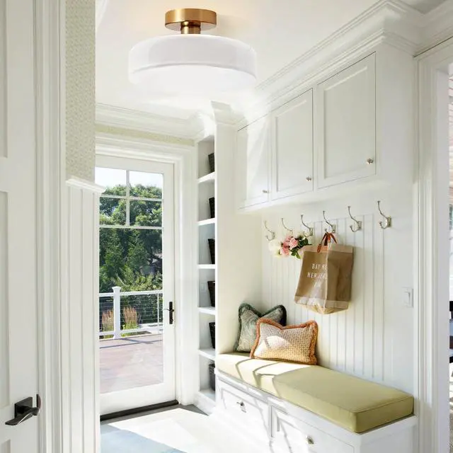 Alt view image 4 of 7 - Mid Century Modern Ceiling Light 13.8" Brushed Brass White Milk Glass Shade 1-Light Gold Flush Mount Ceiling Lights Vintage Close to Lights for Hallway Bedroom Kitchen Sink Living Room