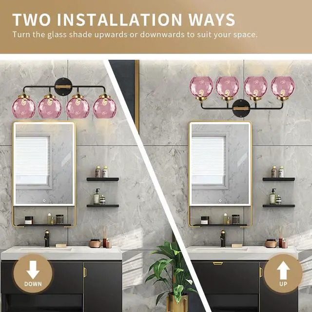 Alt view image 4 of 7 - Pink Bathroom Light Fixtures 4-Lights Modern Vanity Light with Unique Globe Glass Shade Matte Black and Gold Bathroom Vanity Wall Sconce for Over Mirror Hallway Cabinet Living Room