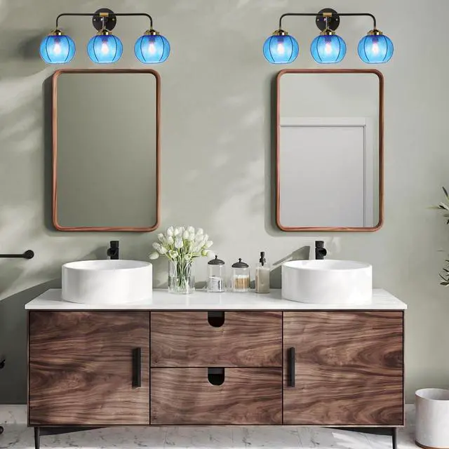 Alt view image 7 of 7 - Vanity Lights for Bathroom,Mid Century Vanity Light Black Sconce Blue Bathroom Light Fixture Over Mirror Ribbed Glass Globe Shade Art Deco Vanity Lights Modern Wall Sconce 3-Lights