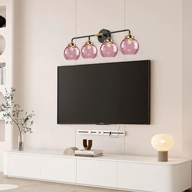 Alt view image 5 of 7 - Pink Bathroom Light Fixtures 4-Lights Modern Vanity Light with Unique Globe Glass Shade Matte Black and Gold Bathroom Vanity Wall Sconce for Over Mirror Hallway Cabinet Living Room