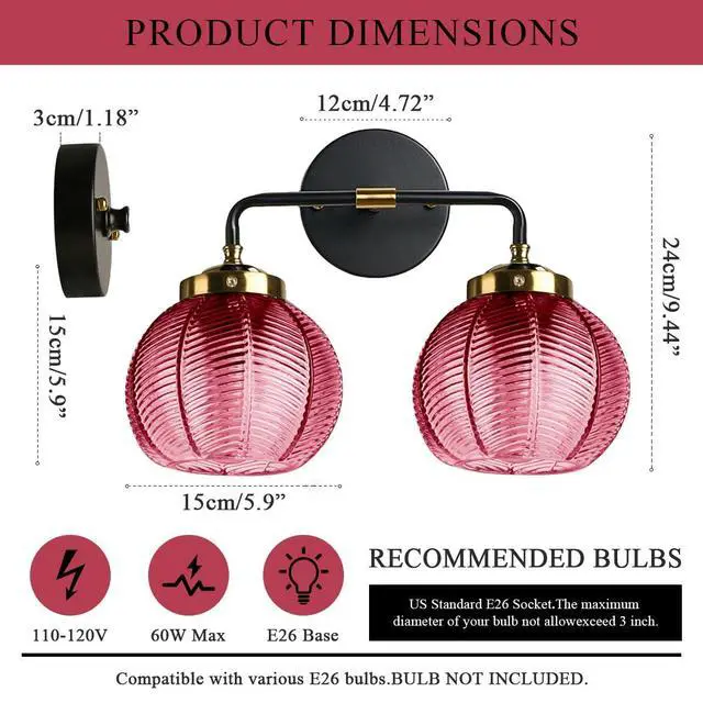 Alt view image 2 of 7 - Bathroom Lighting fixtures Modern Vanity Lights Red Ribbed Glass Shade 2-Lights Over Mirror Wall Sconce Vintage Gold Bathroom Light fixtures Black Wall Mount Light Farmhouse Sconces