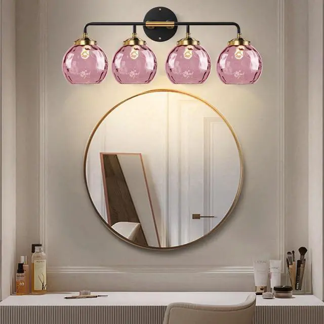 Alt view image 6 of 7 - Pink Bathroom Light Fixtures 4-Lights Modern Vanity Light with Unique Globe Glass Shade Matte Black and Gold Bathroom Vanity Wall Sconce for Over Mirror Hallway Cabinet Living Room