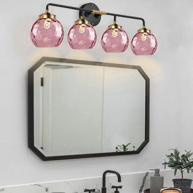 Alt view image 7 of 7 - Pink Bathroom Light Fixtures 4-Lights Modern Vanity Light with Unique Globe Glass Shade Matte Black and Gold Bathroom Vanity Wall Sconce for Over Mirror Hallway Cabinet Living Room