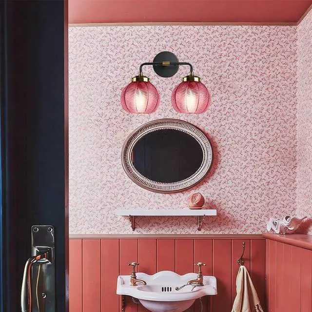 Alt view image 4 of 7 - Bathroom Lighting fixtures Modern Vanity Lights Red Ribbed Glass Shade 2-Lights Over Mirror Wall Sconce Vintage Gold Bathroom Light fixtures Black Wall Mount Light Farmhouse Sconces