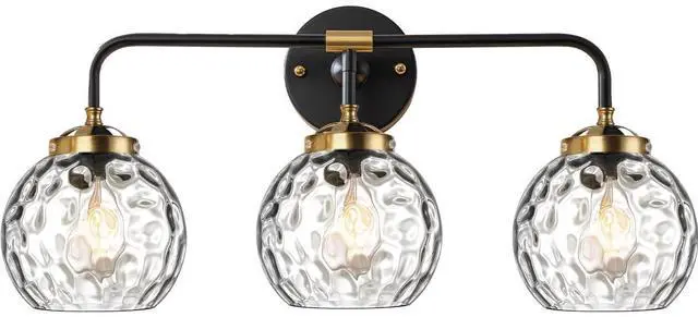 Main image of Antique Bathroom Wall Lights MCM Vanity Light Clear Glass Globe Shade Black Brushed Gold Bathroom Lamp 3-Lights fixtures Kitchen Sink Wall Mounted Light Vanity Sconces Over Mirror