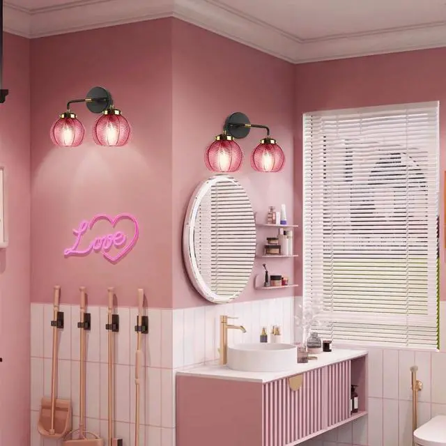 Alt view image 5 of 7 - Bathroom Lighting fixtures Modern Vanity Lights Red Ribbed Glass Shade 2-Lights Over Mirror Wall Sconce Vintage Gold Bathroom Light fixtures Black Wall Mount Light Farmhouse Sconces