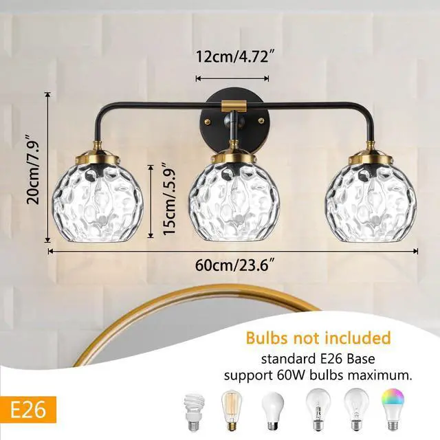 Alt view image 2 of 7 - Antique Bathroom Wall Lights MCM Vanity Light Clear Glass Globe Shade Black Brushed Gold Bathroom Lamp 3-Lights fixtures Kitchen Sink Wall Mounted Light Vanity Sconces Over Mirror