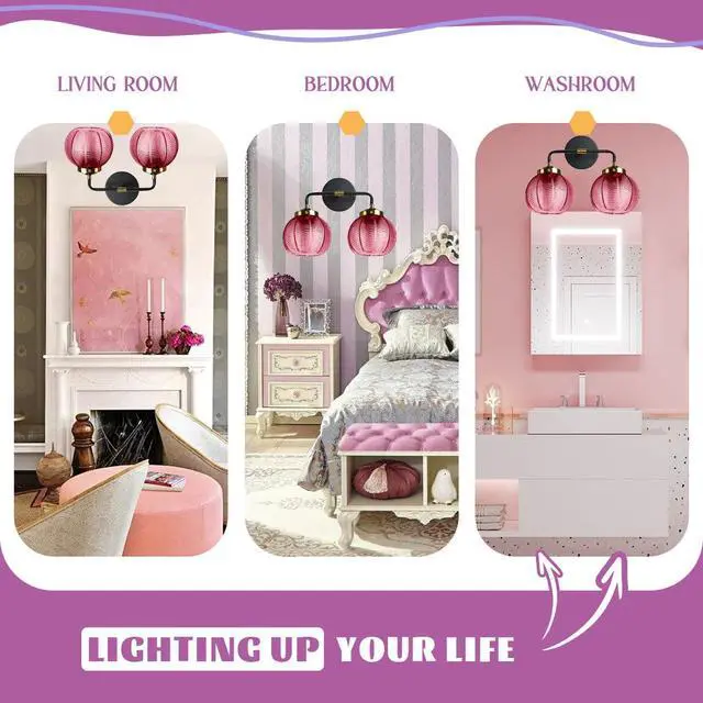 Alt view image 6 of 7 - Bathroom Lighting fixtures Modern Vanity Lights Red Ribbed Glass Shade 2-Lights Over Mirror Wall Sconce Vintage Gold Bathroom Light fixtures Black Wall Mount Light Farmhouse Sconces