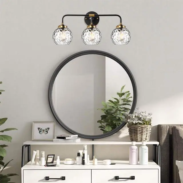 Alt view image 4 of 7 - Antique Bathroom Wall Lights MCM Vanity Light Clear Glass Globe Shade Black Brushed Gold Bathroom Lamp 3-Lights fixtures Kitchen Sink Wall Mounted Light Vanity Sconces Over Mirror