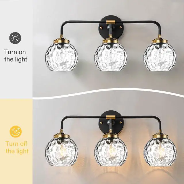 Alt view image 3 of 7 - Antique Bathroom Wall Lights MCM Vanity Light Clear Glass Globe Shade Black Brushed Gold Bathroom Lamp 3-Lights fixtures Kitchen Sink Wall Mounted Light Vanity Sconces Over Mirror