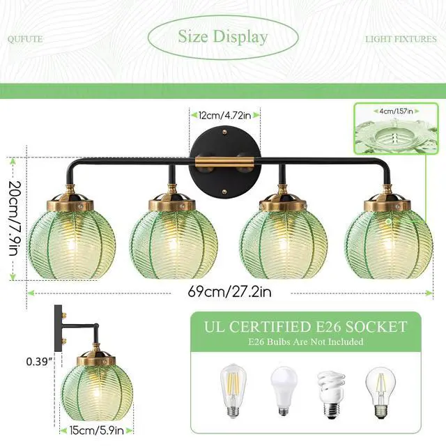 Alt view image 2 of 7 - Modern Vanity Light Bathroom 4-Light Fixtures Emerald Green Glass | Vintage 5.9inch Globe Shade Vanity Table Indoor Deco Lighting Black Gold Finish E26 Base, Mirror Over , Kitchen, Cabinet