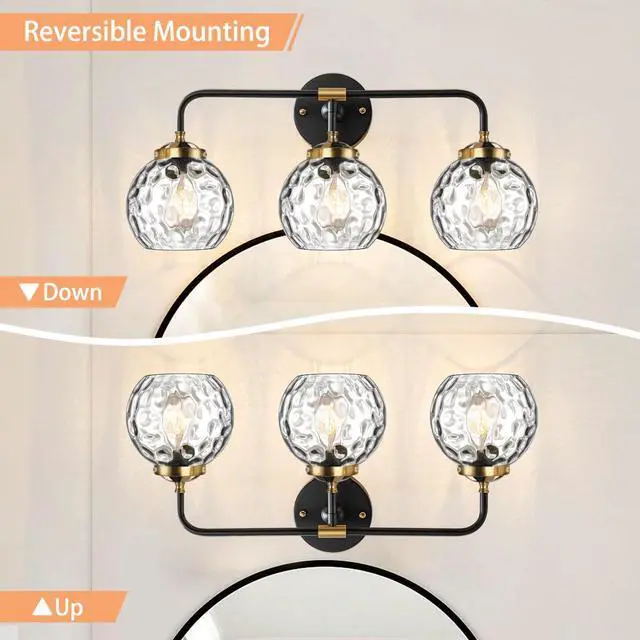 Alt view image 6 of 7 - Antique Bathroom Wall Lights MCM Vanity Light Clear Glass Globe Shade Black Brushed Gold Bathroom Lamp 3-Lights fixtures Kitchen Sink Wall Mounted Light Vanity Sconces Over Mirror