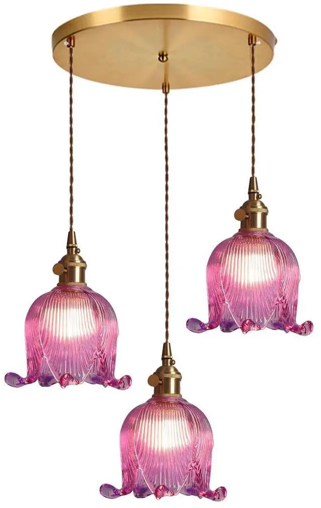 Main image of Gold Modern Chandelier Mid Century Glass Pendant Hanging Lights with Flower Purple Glass Shade 3-Light Vintage Brass Ceiling Pendant Lighting for Kitchen Island Living Dining Room