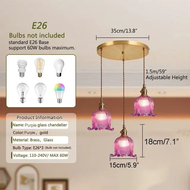 Alt view image 2 of 7 - Gold Modern Chandelier Mid Century Glass Pendant Hanging Lights with Flower Purple Glass Shade 3-Light Vintage Brass Ceiling Pendant Lighting for Kitchen Island Living Dining Room