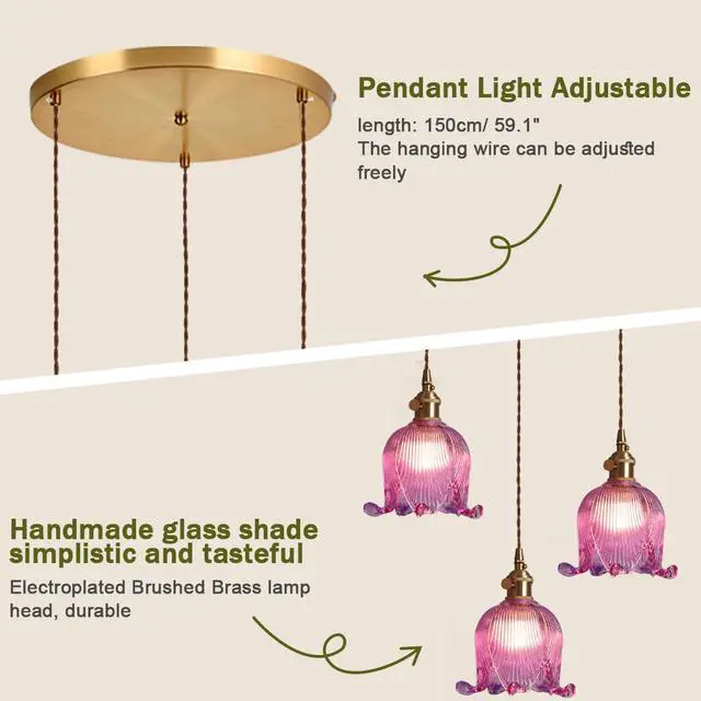 Alt view image 3 of 7 - Gold Modern Chandelier Mid Century Glass Pendant Hanging Lights with Flower Purple Glass Shade 3-Light Vintage Brass Ceiling Pendant Lighting for Kitchen Island Living Dining Room