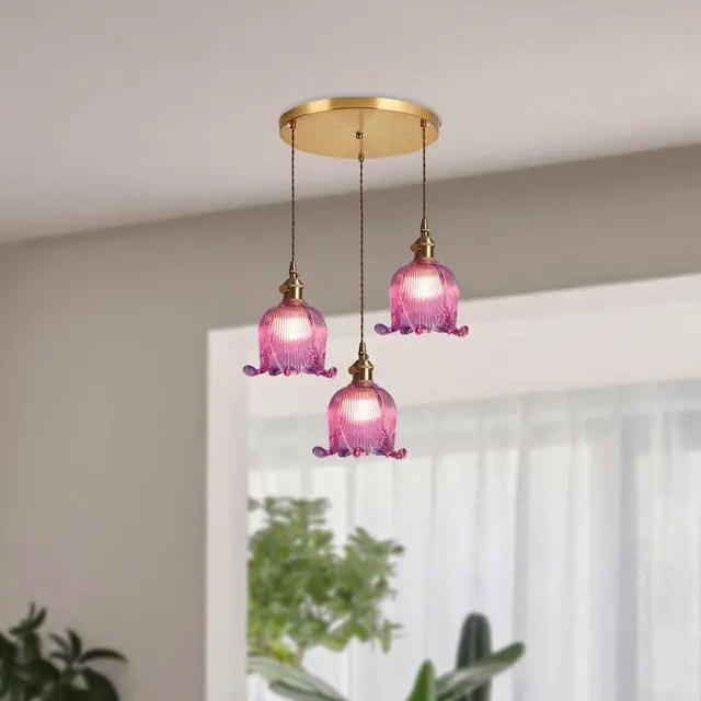 Alt view image 4 of 7 - Gold Modern Chandelier Mid Century Glass Pendant Hanging Lights with Flower Purple Glass Shade 3-Light Vintage Brass Ceiling Pendant Lighting for Kitchen Island Living Dining Room