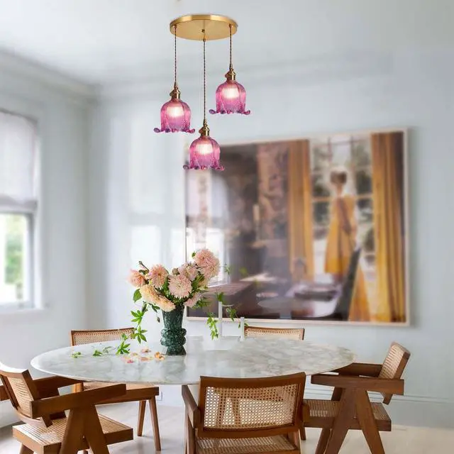 Alt view image 5 of 7 - Gold Modern Chandelier Mid Century Glass Pendant Hanging Lights with Flower Purple Glass Shade 3-Light Vintage Brass Ceiling Pendant Lighting for Kitchen Island Living Dining Room
