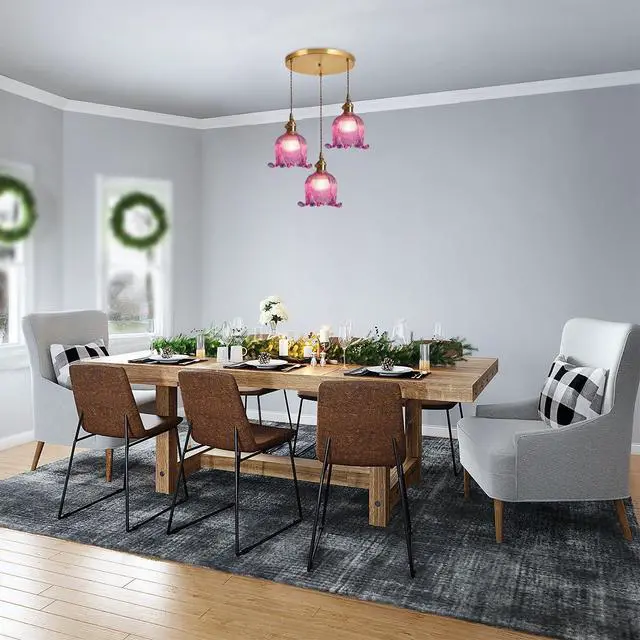 Alt view image 6 of 7 - Gold Modern Chandelier Mid Century Glass Pendant Hanging Lights with Flower Purple Glass Shade 3-Light Vintage Brass Ceiling Pendant Lighting for Kitchen Island Living Dining Room