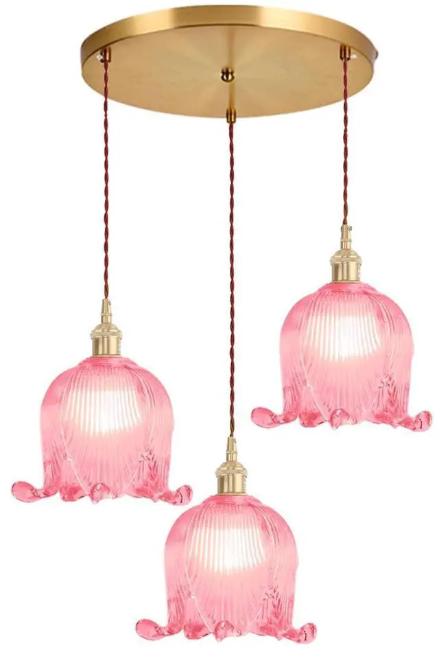 Main image of Pink Flower Pendant Light Fixtures Mid-Century Modern Cluster Chandelier, 5.9Inch Flower Glass Shade Brushed Gold Brass Finis Adjustable Cord Chandelier for Dining Room Stair Kitchen