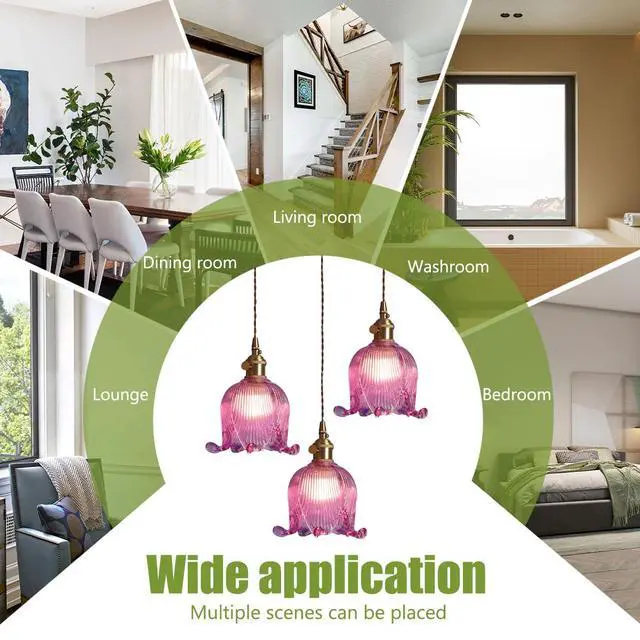 Alt view image 7 of 7 - Gold Modern Chandelier Mid Century Glass Pendant Hanging Lights with Flower Purple Glass Shade 3-Light Vintage Brass Ceiling Pendant Lighting for Kitchen Island Living Dining Room
