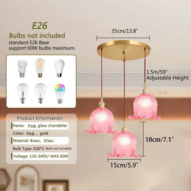 Alt view image 2 of 7 - Pink Flower Pendant Light Fixtures Mid-Century Modern Cluster Chandelier, 5.9Inch Flower Glass Shade Brushed Gold Brass Finis Adjustable Cord Chandelier for Dining Room Stair Kitchen